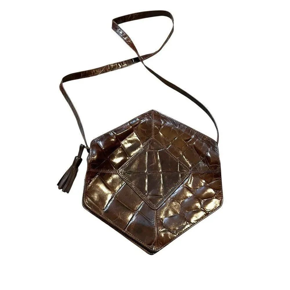 Sondra Roberts Dark Brown Hexagon Shaped Crossbody Purse Croc Faux Leather Tasse